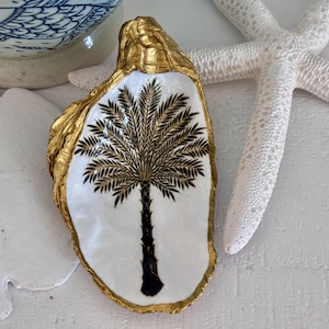 Palm Tree Oyster Shell Ring & Jewelry Trinket Dish, Decoupage Shell Art, Gift for Mom,Daughter,Hostess,Wedding,Wife,Sister, Coastal Decor