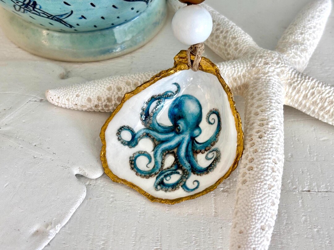 Decoupage Oyster Shell Ornament: Octopus, Coastal Decor - Etsy