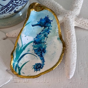 Seahorse Oyster Shell Ring & Jewelry Trinket Dish, Decoupage Coastal Shell Art, Gift for Mom, Daughter, Hostess, Wife, Sister, Daughter,