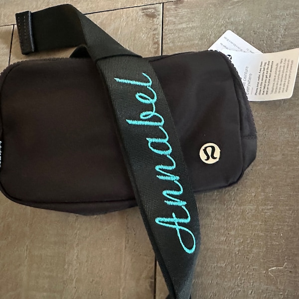 Customized Lululemon Everywhere Belt Bag 1L, black. Have your name embroidered on strap to make it unique. Great gift for anyone.