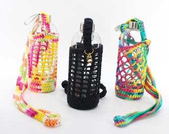 Crocheted Water Bottle Holder with Strap: Handmade Cotton Carrier