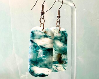 Blue Marble Faux Stone Earrings with Silver Flecks - Polymer Clay Earrings