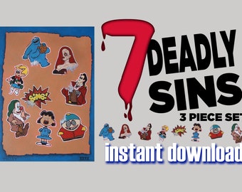 7 Deadly Sins | Instant Digital Download | 3 Pieces | Evil Cartoons | Digital Wall Art By Tyler Tilley | Alternate Universe Morality