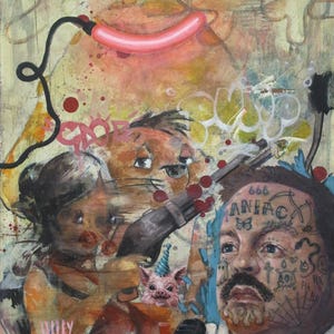 Maniac Mall Cop x Speedy G, pintura surrealista abstracta de múltiples capas, Mall Cop VS Maniac Cop, pintura al óleo original, cerdito mago