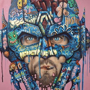 Neverman, superhéroe del grafiti, pintando a mis amigos imaginarios, retrato de arte contemporáneo, combinando mi infancia, pintura al óleo original
