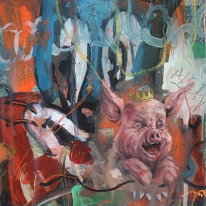 Schweinekönig (Lightning In A Bottle 4), Abstrakter Surrealismus, kleine Bilder in Gemälden versteckend Original Ölgemälde von Tyler Tilley