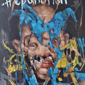 El hombre murciélago acepta la trepanación, maestro de todos los héroes, pintando a mis amigos imaginarios - Serie Sombras Oscuras Pintura al óleo original surrealista