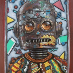 Bot Flex Pt 2 / Colección Coogi Cyborg / Visiones surrealistas lindas y extrañas / Máquina de graffiti Bender / Robot cotidiano / Pintura al óleo original