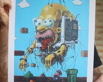 When Time Travel Goes Wrong | Home Simpson VS Super Mario | Limited Edition Signed Print (Only 11) | A3 | (29.7cm x 42cm) | Free Shipping