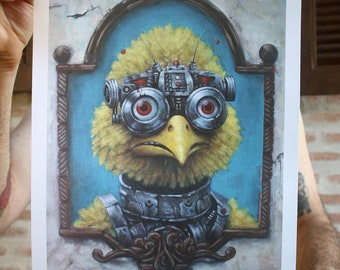 Big Bird Cyborg PT. 2 | Limited Edition Signed Print (Only 12) | (29.7cm x 42cm) | Free Shipping | Steampunk Big Bird Muppet Print | A3