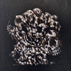 Scheletro di barboncino, dipinto di teschio di cane, segreti e ombre oscure, dipingere i miei amici immaginari, serie di ombre oscure / dipinto a olio originale