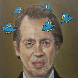 Diese Dang Dizzy Birds | Multiversum Steve Buscemi Portrait | Cartoon Dizzy Birds Surreal Tagtraum Kunstwerk | Original Ölgemälde
