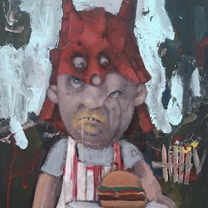 May include: An oil painting depicts a person wearing a red horned mask and a white apron with red stripes, holding a burger on a plate. The burger has a sesame seed bun, a patty, and other toppings. The background is dark with white brushstrokes.