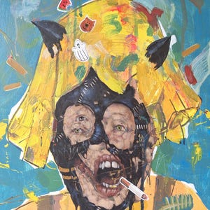 Starlash HeCat, schilderij mijn denkbeeldige vrienden, achter het masker, surrealistisch absurdisme abstract origineel olieverfschilderij | Gebogen herinneringen
