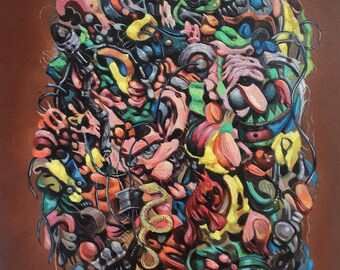 Blender 4: Game of Faces | Surreal Other Worldly Oil Painting by Tyler Tilley | Unconventional Masterpiece of bold Abstraction