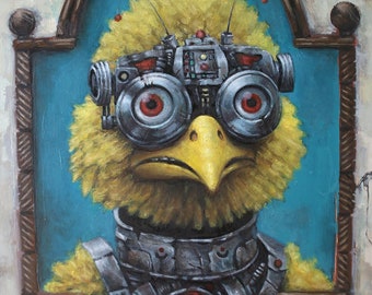 Big Bird Cyborg aka Derrick Pt. 2 | Cute and Weird Surreal Visions | Steampunk Yellow Bird | Birds From The Future | Original Oil