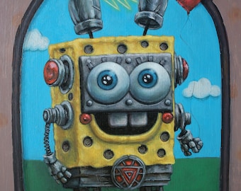 Sponge Todd Iron Pants | Cute and Weird Surreal Visions | Steampunk Mashup | Pop Art Cyborg Sponge Bob Reimagined | Original Oil Painting