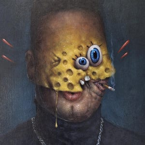 Sponge Rock, Maestro de todos los héroes, Pintando a mis amigos imaginarios - Pintura al óleo original surrealista de íconos de la cultura pop y superhéroes