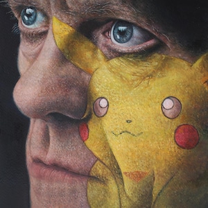 Rosen sind rot, Veilchen sind blau... Gesichts Tattoo x Gelbe Cartoon, Tätowierte Erinnerungen an eine verlorene Kindheit Realistisches Original Ölgemälde