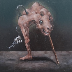 May include: An unsettling painting of a creature with a dog-like head, a long wooden leg, and a gun. The creature has a distorted, fleshy appearance with a sinister grin. The artwork is set against a dark background.