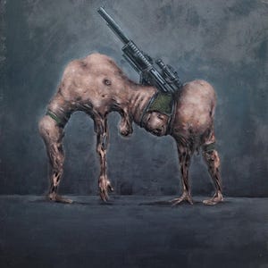 May include: An oil painting depicts a creature with a fleshy, textured body and spindly limbs. A black rifle with a scope is mounted on its back. The creature is painted in muted tones against a dark background, creating a surreal and unsettling image.