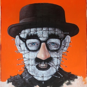 May include: A painting of a man with a black hat, glasses, and a white face with a grid pattern and pins. The man has a large, fake nose and a mustache. The background is orange.