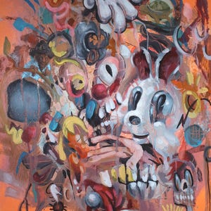 wyimaginowany przyjaciel (Błyskawica w butelce 2), Abstrakcyjny surrealizm, ukrywanie małych obrazów w obrazach Oryginalny obraz olejny Tylera Tilleya