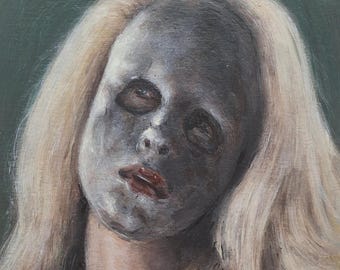オリジナル油絵ミニチュア：ファインアート紙に描かれたシュールな「アリシア」の肖像画