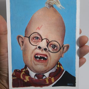 May include: A painting of a character with a bald head and a single strand of hair on top, wearing round glasses and a red and gold scarf. The character has a lightning bolt scar on their forehead and a toothy grin. The painting is signed "Hiley" in the bottom right corner.