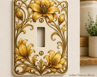 Golden Nouveau Bloom Light Switch Cover | Art Nouveau Floral Wall Plate | UV Printed Decor | Plastic or Metal Switch Plate