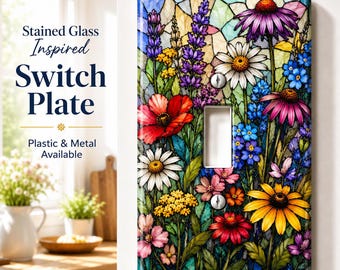 Wildflower Stained Glass Switch Plate Cover | Floral Light Switch Cover | Colorful Wall Plate Decor | UV Printed Plastic or Metal
