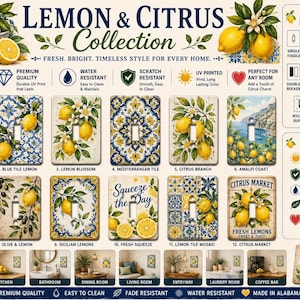 May include: A collection of twelve rectangular light switch plates featuring lemon and citrus patterns, including tile designs, botanical branches, and text like Squeeze the Day and Citrus Market, displayed on a product information sheet.