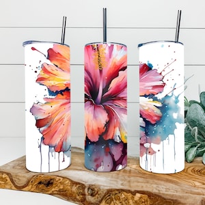 Fun hibiscus Watercolor Flower Tumbler wrap, Instant download, PNG, Tropical , Botanical