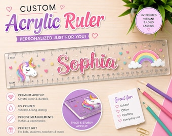 Custom Acrylic Ruler | Personalized Name School Tool | UV Printed Unicorn Rainbow Design