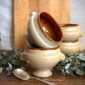 French Vintage Emile Henry Ceramic Lion Head Onion Soup Bowls  Made in France