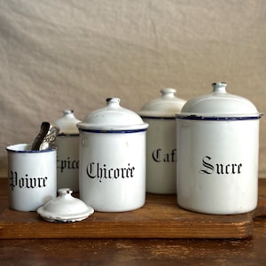 French Antique  Rare White and Blue Enamel Canisters Pots Set of 5