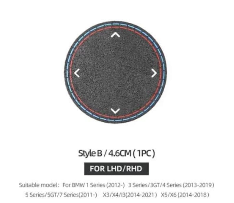 May include: A black round knob with a blue and red ring around the edge. The knob has four directional arrows pointing up, down, left, and right. The text "Style B / 4.6CM (1PC)" and "FOR LHD/RHD" is printed below the knob.
