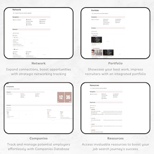 May include: A screenshot of a website with four different sections: Network, Portfolio, Companies, and Resources. Each section has a title, a description, and a screenshot of the website's interface. The Network section shows a list of contacts, the Portfolio section shows a list of projects, the Companies section shows a list of companies, and the Resources section shows a list of articles.