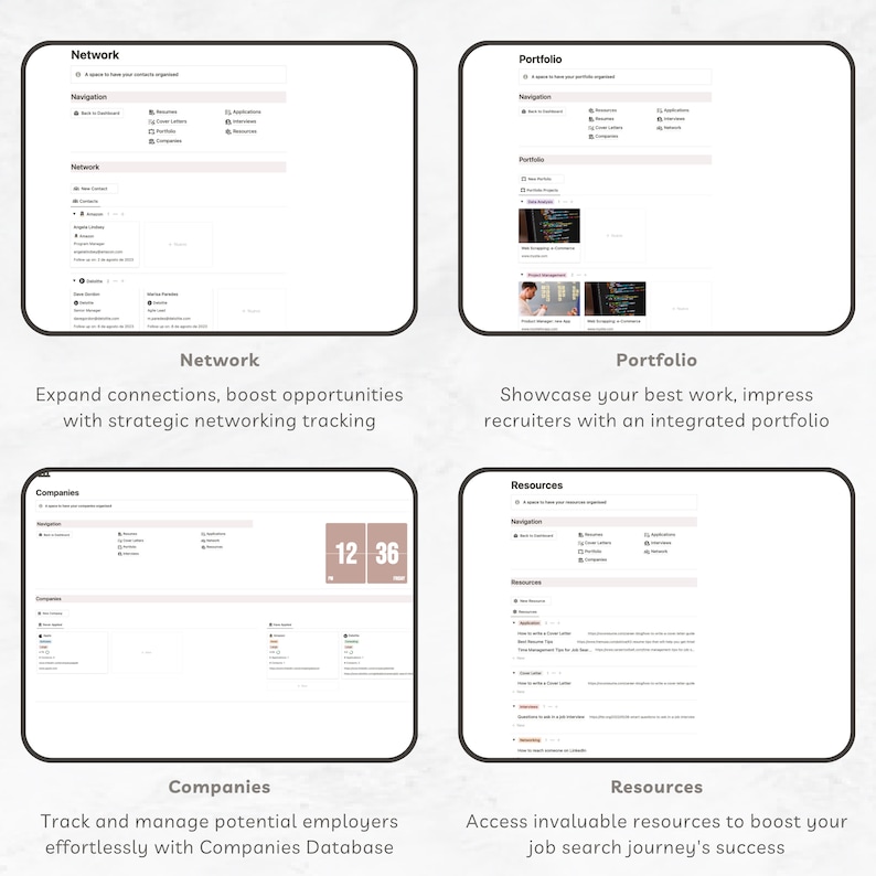 May include: A screenshot of a website with four different sections: Network, Portfolio, Companies, and Resources. Each section has a title, a description, and a screenshot of the website's interface. The Network section shows a list of contacts, the Portfolio section shows a list of projects, the Companies section shows a list of companies, and the Resources section shows a list of articles.