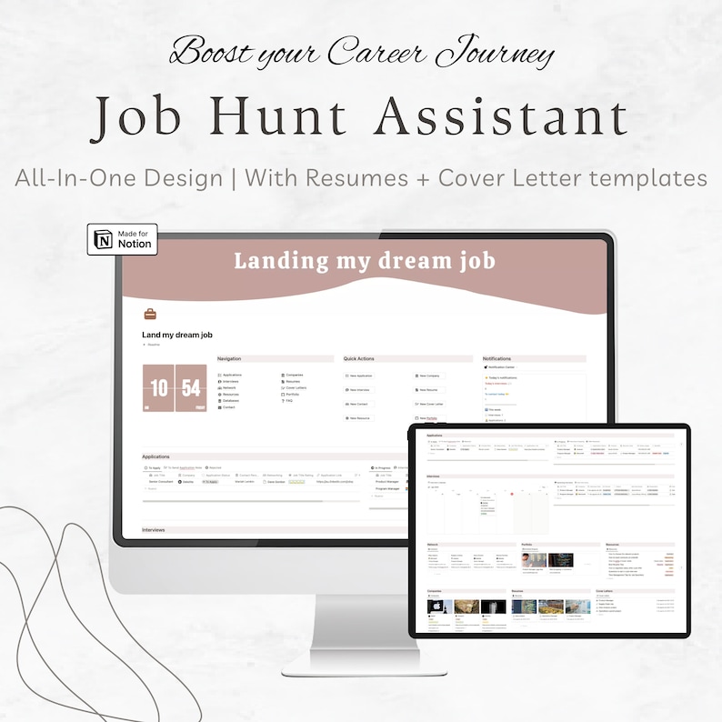 May include: A computer screen displaying a Notion workspace titled "Landing my dream job". The workspace is designed to help users organize their job search, with sections for applications, interviews, and notifications. The workspace also includes a timer that shows 10 hours and 54 minutes.