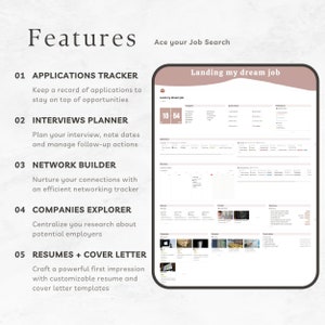May include: A pink and white digital planner with the text "Landing my dream job" and a timer that reads "10:54". The planner is divided into sections for applications, interviews, networking, companies, and resumes and cover letters.