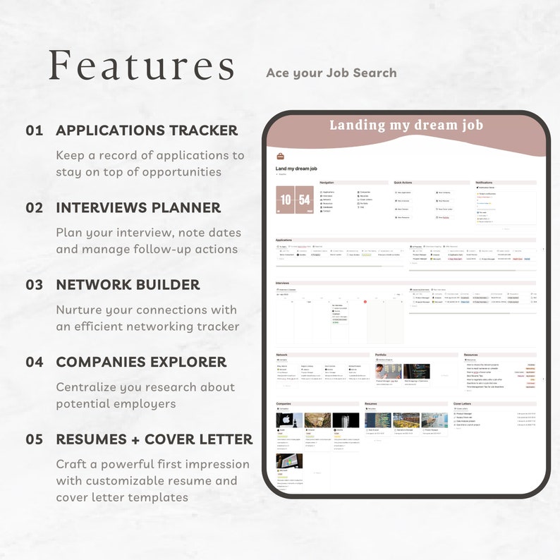 May include: A pink and white digital planner with the text "Landing my dream job" and a timer that reads "10:54". The planner is divided into sections for applications, interviews, networking, companies, and resumes and cover letters.