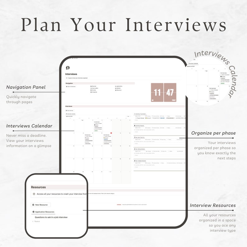 May include: A screenshot of a computer screen showing a calendar app for planning interviews. The calendar is divided into days and times, with each slot representing a potential interview time. The app also includes a navigation panel, resources, and a section for organizing interviews by phase. The text "Interviews Calendar" is visible at the top of the screen.