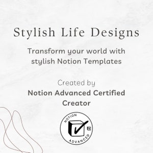 May include: Stylish Life Designs text with a graphic of a checkmark inside a square with the word "Notion" above and "Advanced" below. The graphic is in black and white and has a white background.