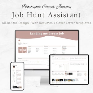May include: A computer screen displaying a job search application with the text "Landing my dream job". The application has a counter showing 10 applications submitted and 54 saved. There are three devices in the image: a desktop computer, a laptop, and a smartphone.