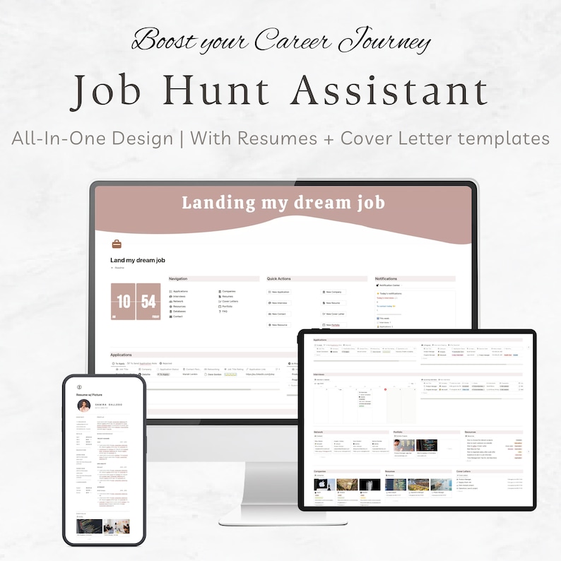 May include: A computer screen displaying a job search application with the text "Landing my dream job". The application has a counter showing 10 applications submitted and 54 saved. There are three devices in the image: a desktop computer, a laptop, and a smartphone.