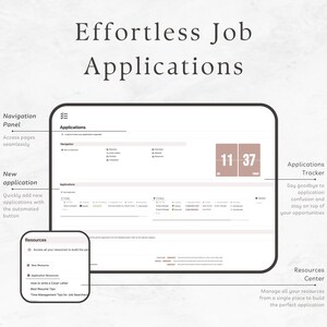 May include: A screenshot of a computer screen showing a job application tracker. The tracker has a list of applications, a progress bar, and a calendar. The screen also shows a resources center with links to helpful information for job seekers. The text on the screen reads "Effortless Job Applications".