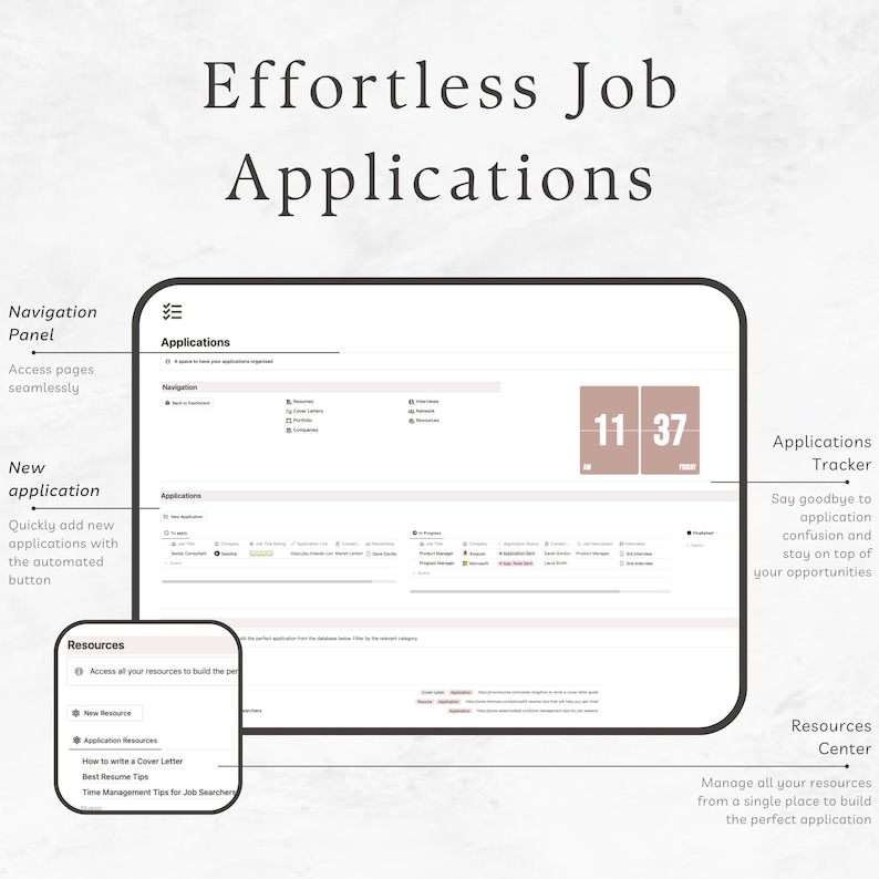 May include: A screenshot of a computer screen showing a job application tracker. The tracker has a list of applications, a progress bar, and a calendar. The screen also shows a resources center with links to helpful information for job seekers. The text on the screen reads "Effortless Job Applications".