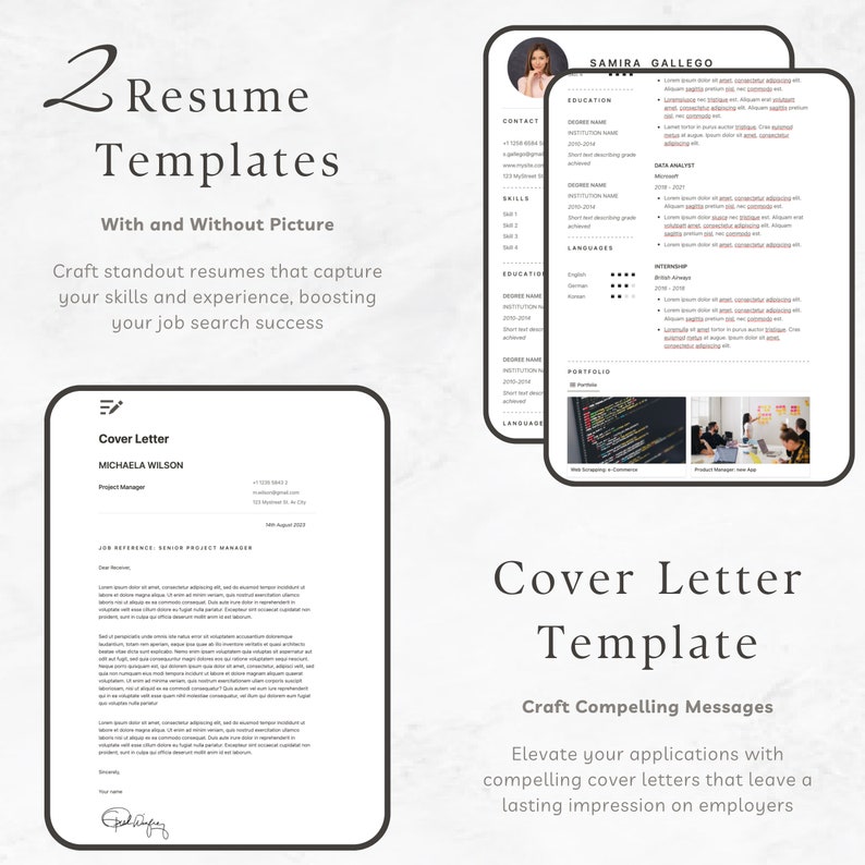 May include: Two resume templates with and without a picture. The templates are designed to help job seekers create standout resumes that capture their skills and experience. The image also includes a cover letter template with the text "Craft Compelling Messages".