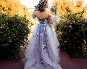 Dreamy bridal gown - Purple floral wedding gown with detachable  puffy sleeves - corset bustier wedding dress - plus size bride